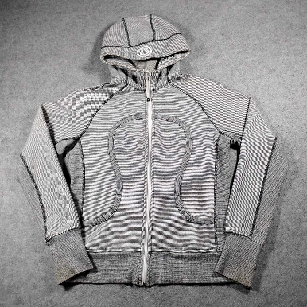 Lululemon Scuba Full Zip Hoodie Gray White Striped Size 12 You Are Beautiful